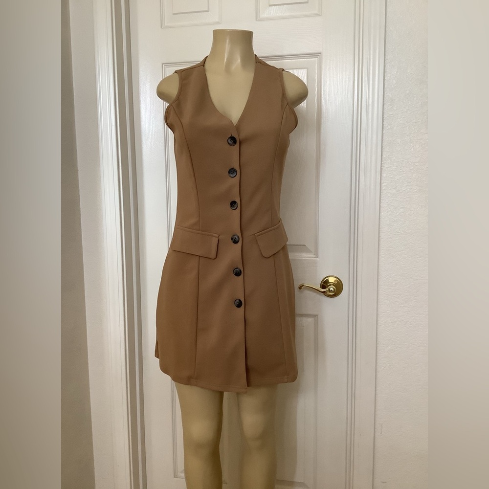 SHEIN Camel Sleeveless Button-Front Mini Dress